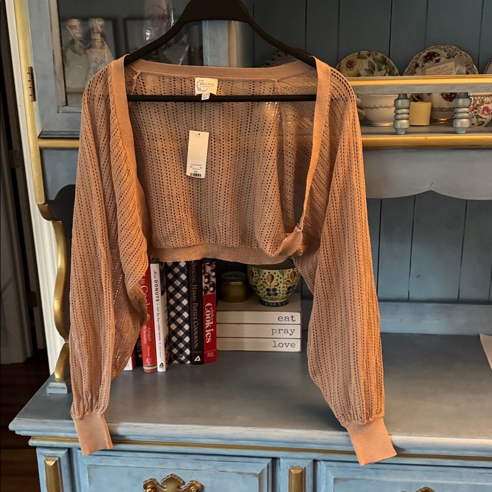 Blue Rain Peach Open-Knit Cropped Cardigan with Balloon Sleeves - Picture 2 of 5